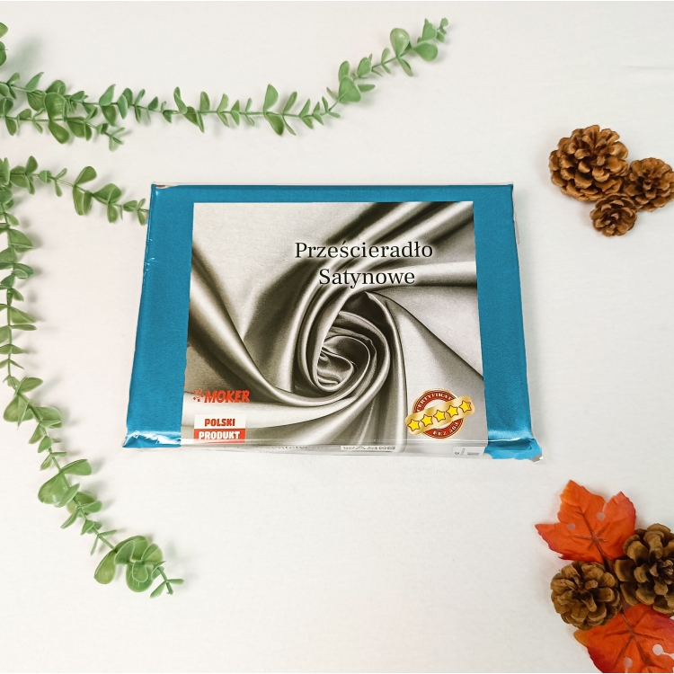 Prześcieradło Satynowe Atłas bez gumki - Turkus, zdjęcie prześcieradła w opakowaniu